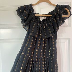 FIGUE black and gold polka dot ruffle midi dress